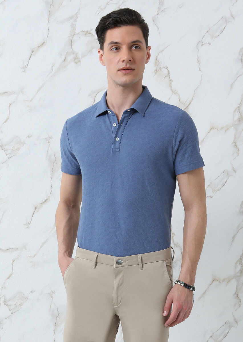 Koyu Mavi Jakarlı Polo Yaka %100 Pamuk T-Shirt - 4