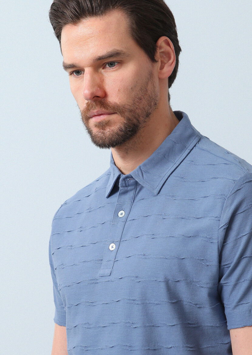 Koyu Mavi Jakarlı Polo Yaka %100 Pamuk T-Shirt 