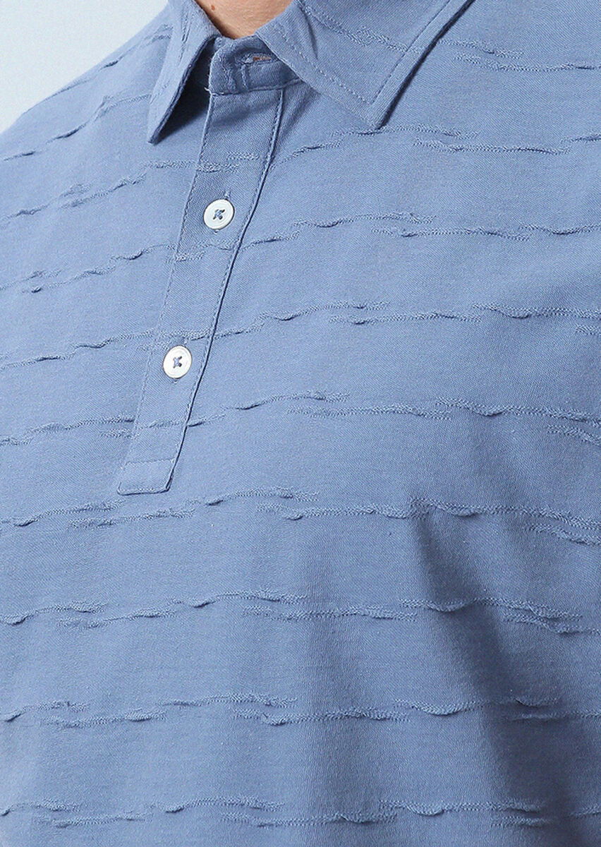 Koyu Mavi Jakarlı Polo Yaka %100 Pamuk T-Shirt - 3