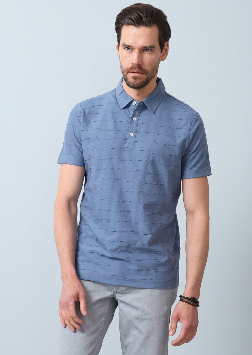 Koyu Mavi Jakarlı Polo Yaka %100 Pamuk T-Shirt - 5