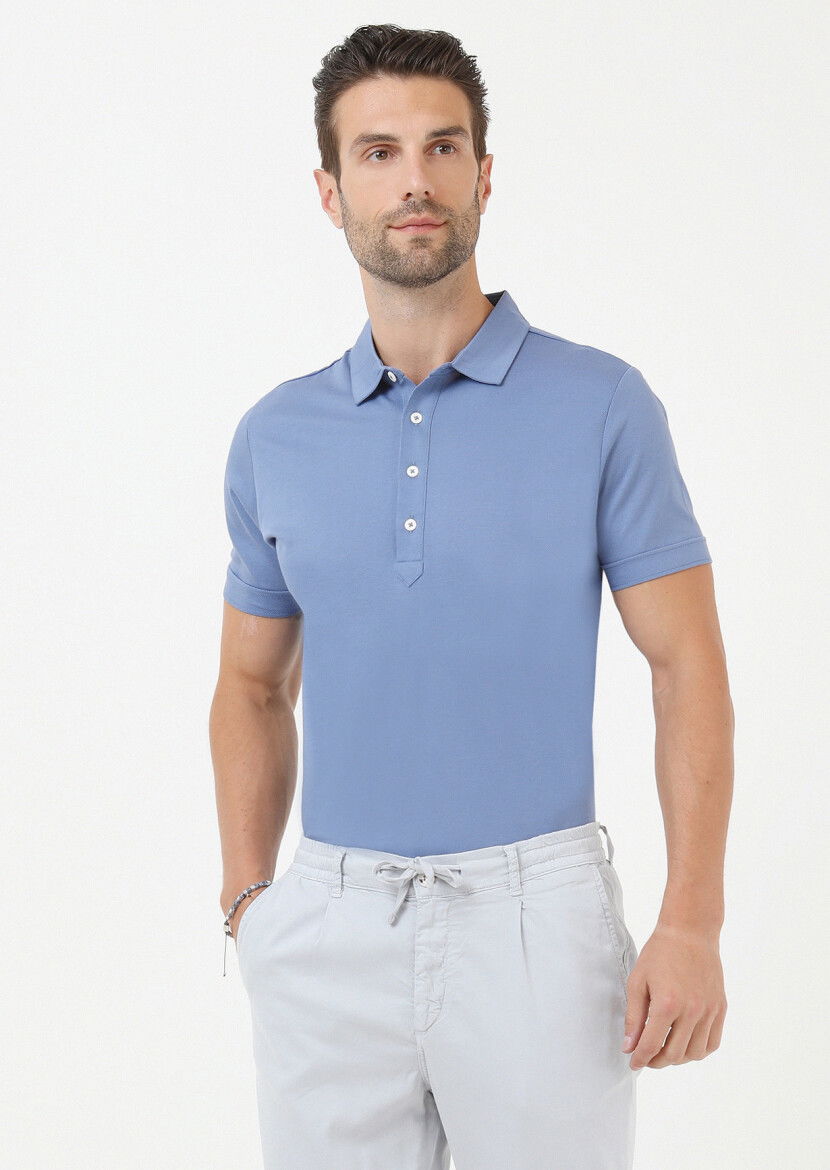Koyu Mavi Jakarlı Polo Yaka %100 Pamuk T-Shirt 