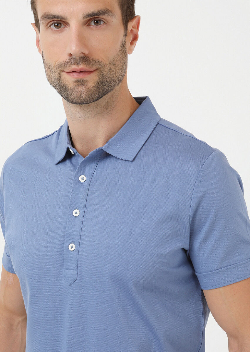 Koyu Mavi Jakarlı Polo Yaka %100 Pamuk T-Shirt - 2