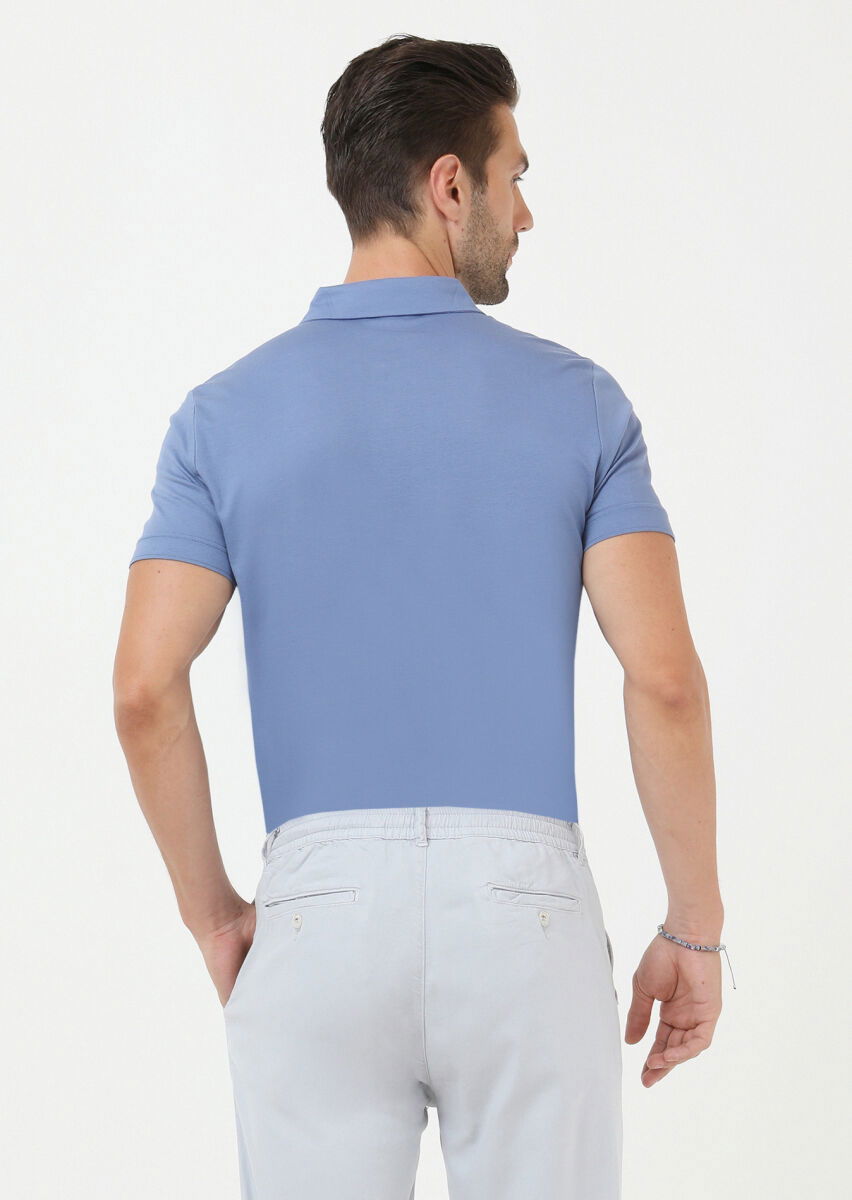 Koyu Mavi Jakarlı Polo Yaka %100 Pamuk T-Shirt - 4