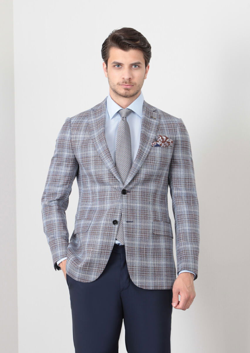 Koyu Mavi Kareli Regular Fit İpek Karışımlı Ceket - 2