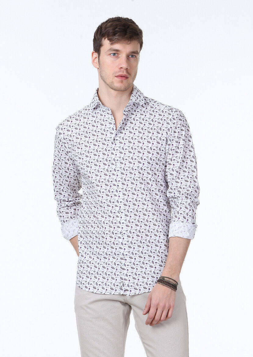 Koyu Mor Baskılı Regular Fit Dokuma Casual %100 Pamuk Gömlek 