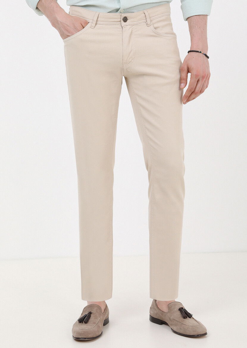 Kum Mikro Dokuma Slim Fit Casual Pamuk Karışımlı Pantolon 