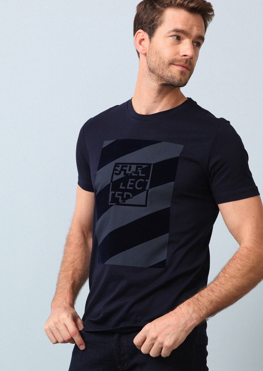 Lacivert Baskılı %100 Pamuk T-Shirt - 1