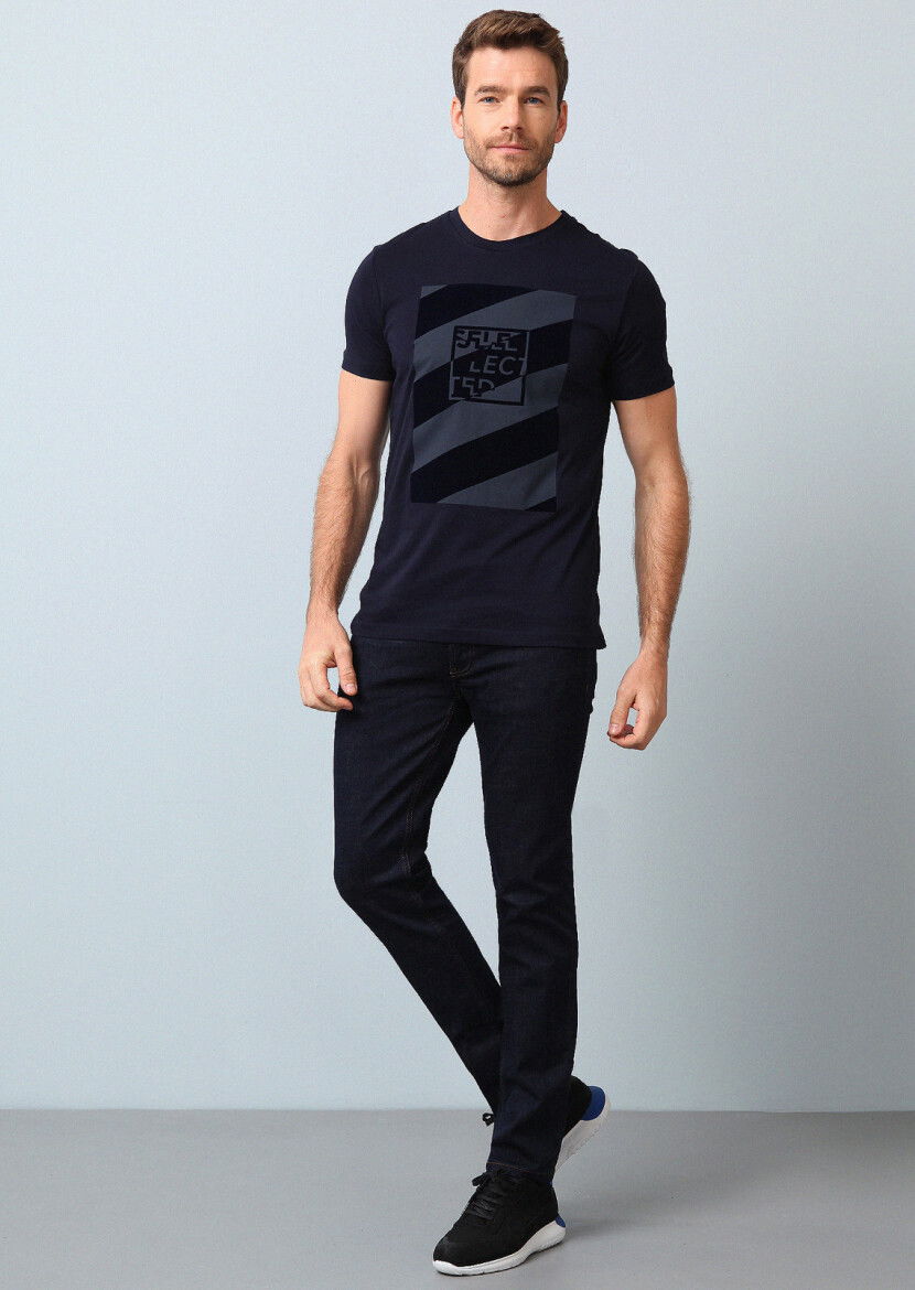 Lacivert Baskılı %100 Pamuk T-Shirt - 2