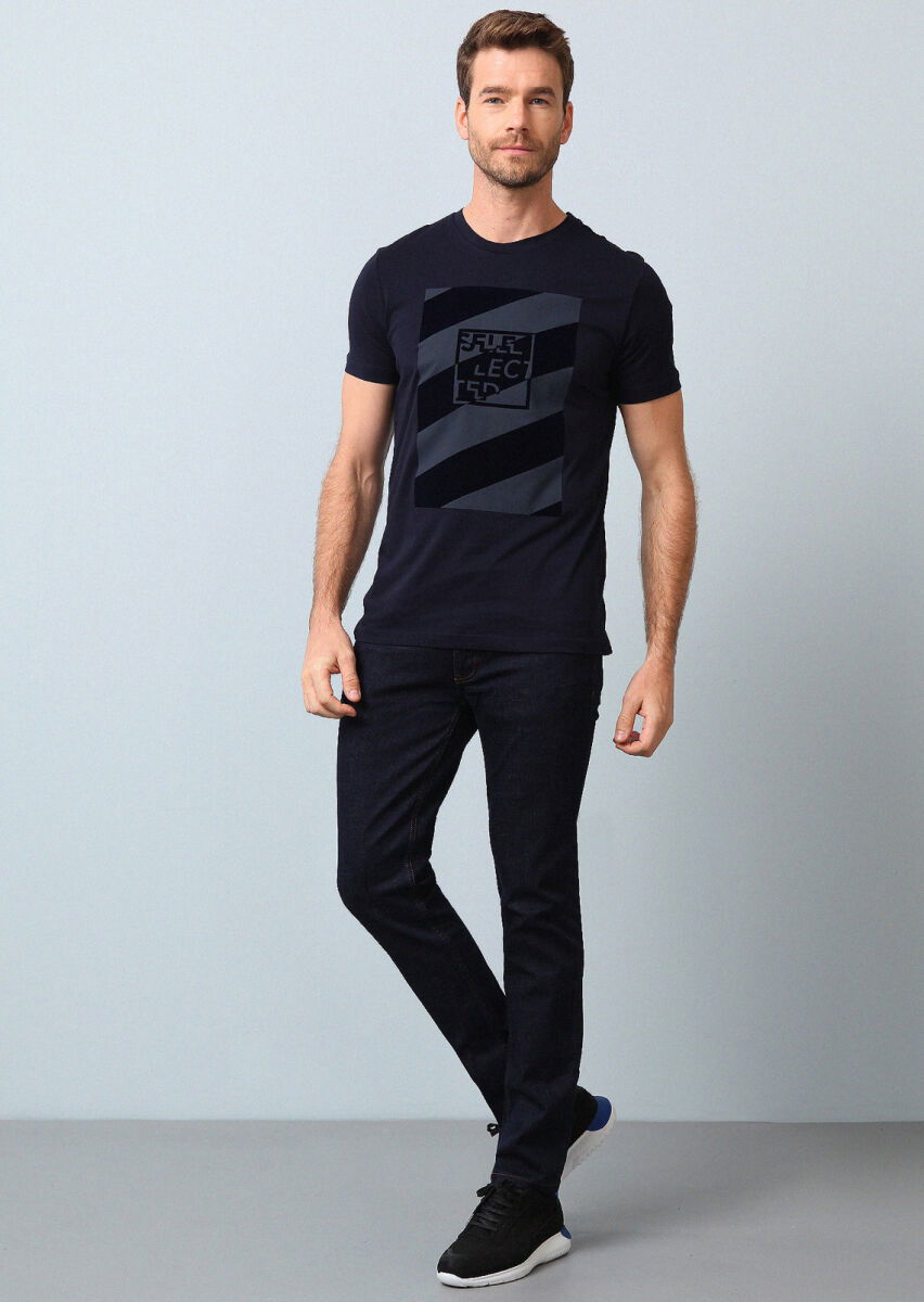 Lacivert Baskılı %100 Pamuk T-Shirt - 2