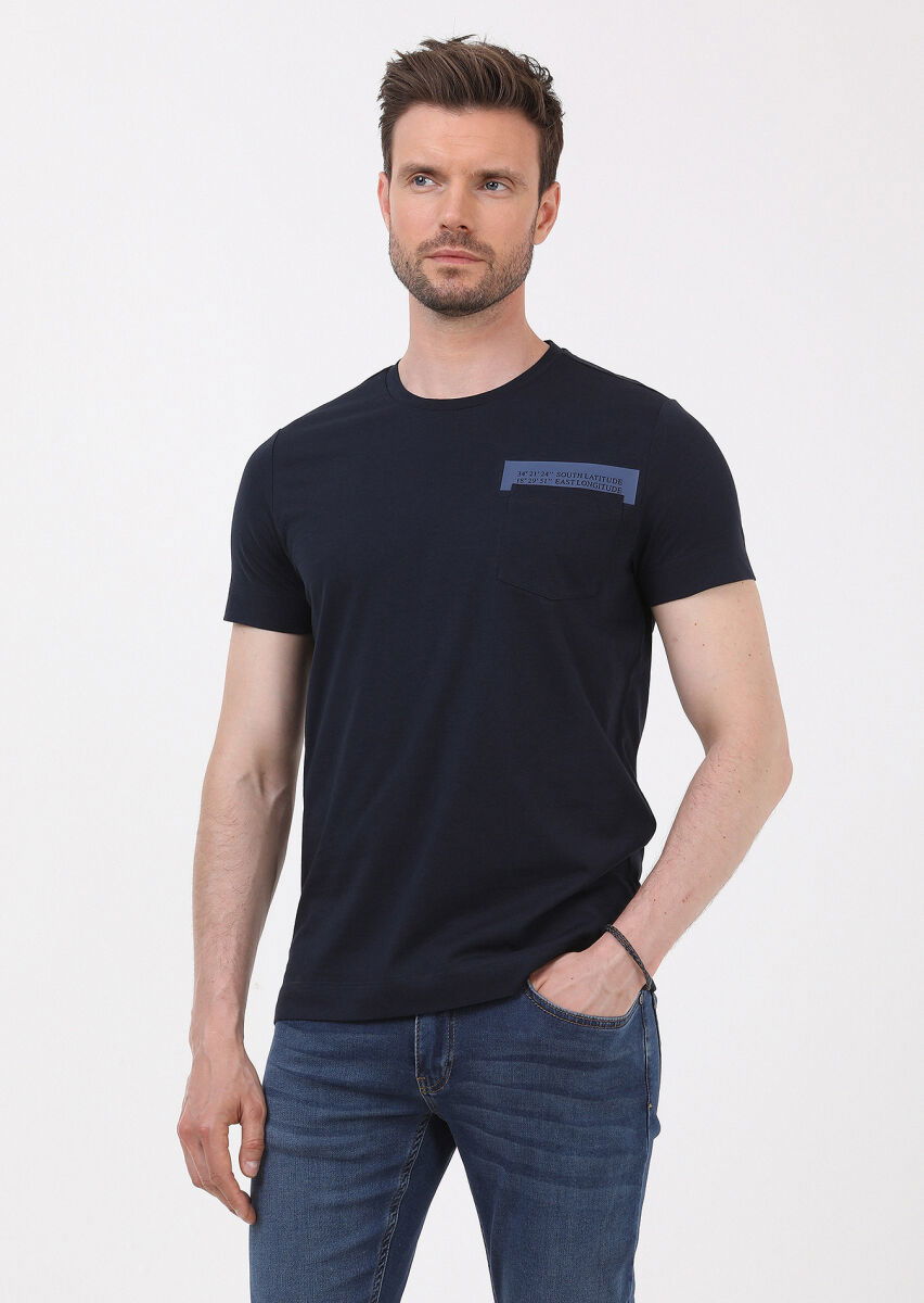 Lacivert Baskılı Bisiklet Yaka %100 Pamuk T-Shirt - 2