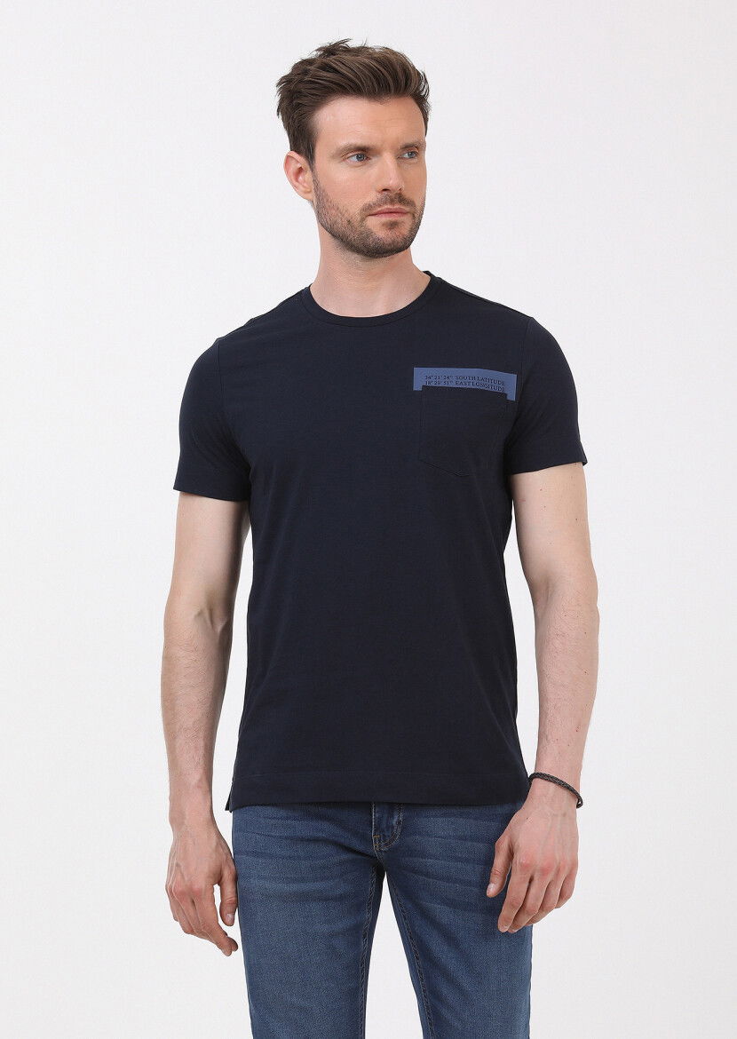 Lacivert Baskılı Bisiklet Yaka %100 Pamuk T-Shirt - 3