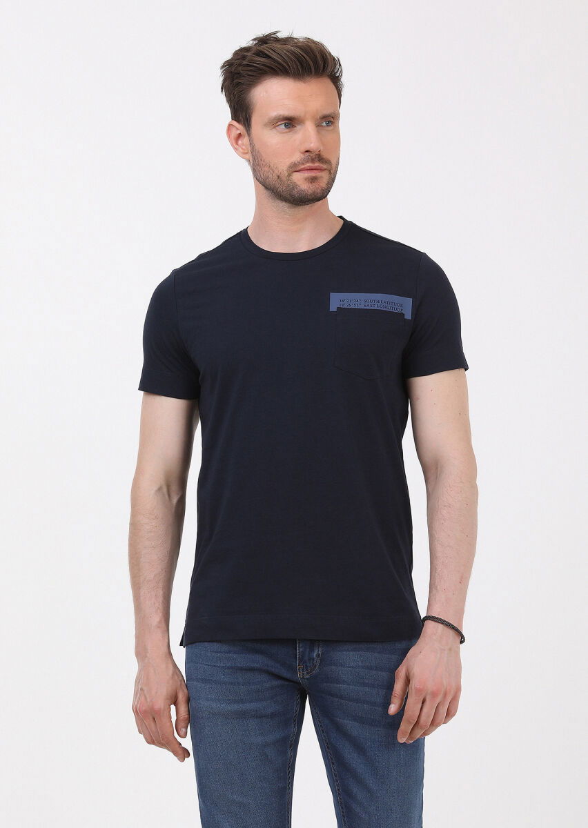 Lacivert Baskılı Bisiklet Yaka %100 Pamuk T-Shirt - 3