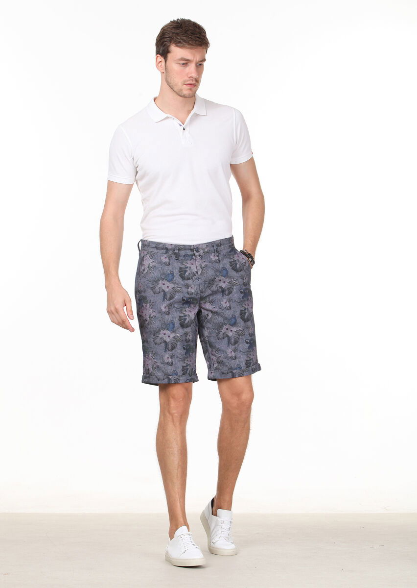 Lacivert Baskılı Dokuma Regular Fit Casual %100 Pamuk Bermuda - 1