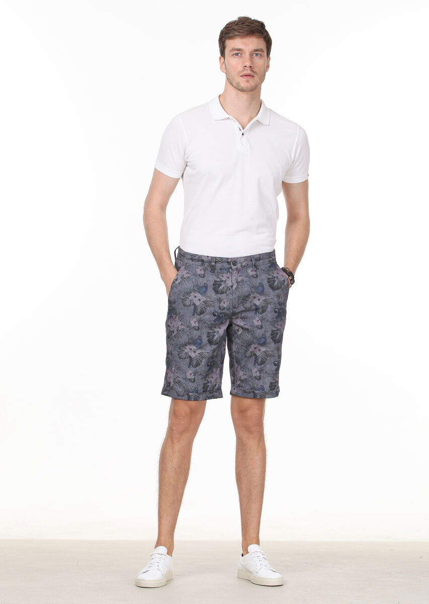 Lacivert Baskılı Dokuma Regular Fit Casual %100 Pamuk Bermuda - 2