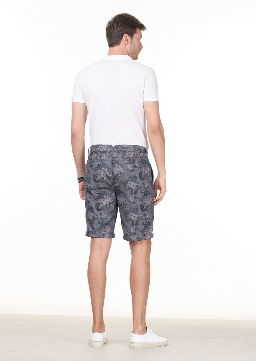Lacivert Baskılı Dokuma Regular Fit Casual %100 Pamuk Bermuda - 4