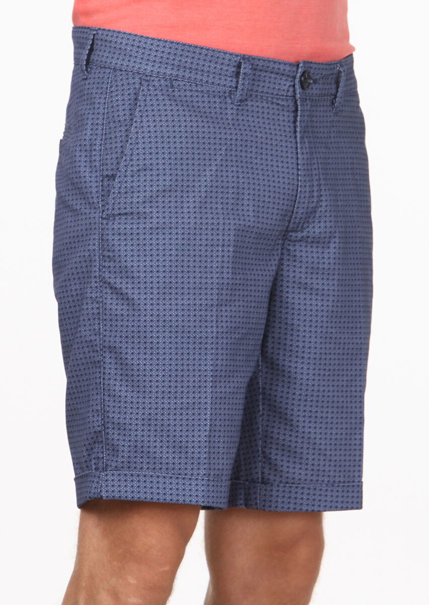 Lacivert Baskılı Dokuma Regular Fit Casual %100 Pamuk Bermuda - 3
