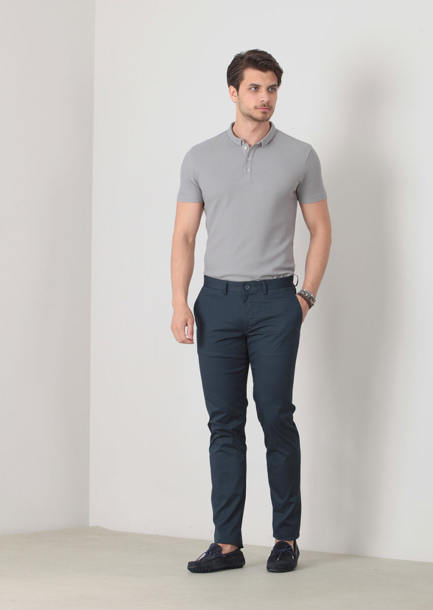Lacivert Baskılı Dokuma Regular Fit Casual Pamuk Karışımlı Pantolon - 1