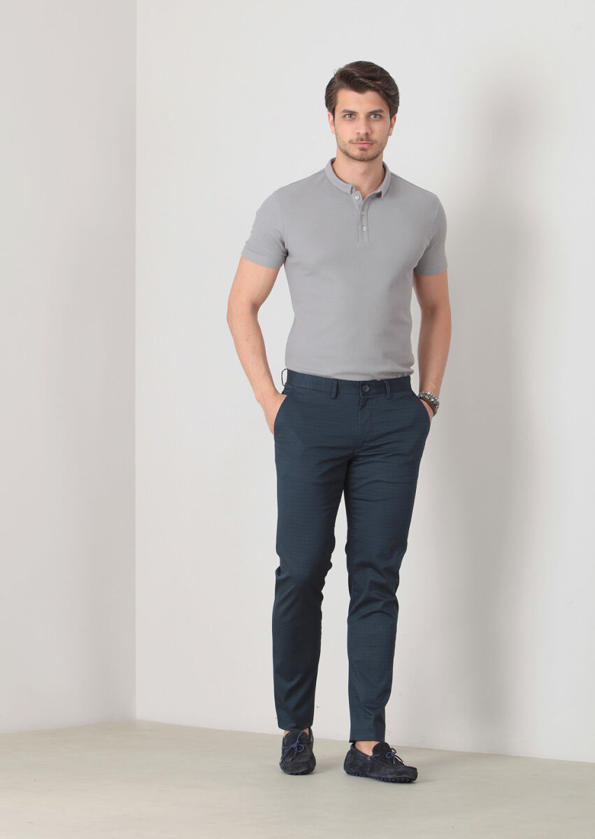 Lacivert Baskılı Dokuma Regular Fit Casual Pamuk Karışımlı Pantolon - 2