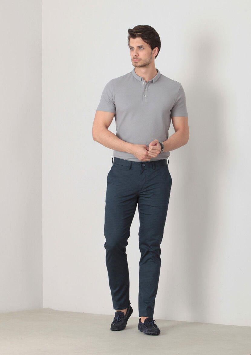 Lacivert Baskılı Dokuma Regular Fit Casual Pamuk Karışımlı Pantolon - 3