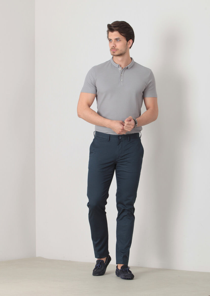 Lacivert Baskılı Dokuma Regular Fit Casual Pamuk Karışımlı Pantolon - 3