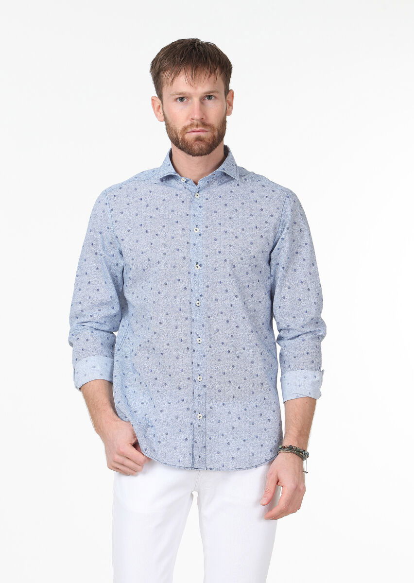 Lacivert Baskılı Regular Fit Dokuma Casual %100 Pamuk Gömlek - 1
