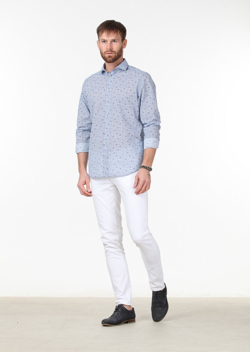 Lacivert Baskılı Regular Fit Dokuma Casual %100 Pamuk Gömlek 