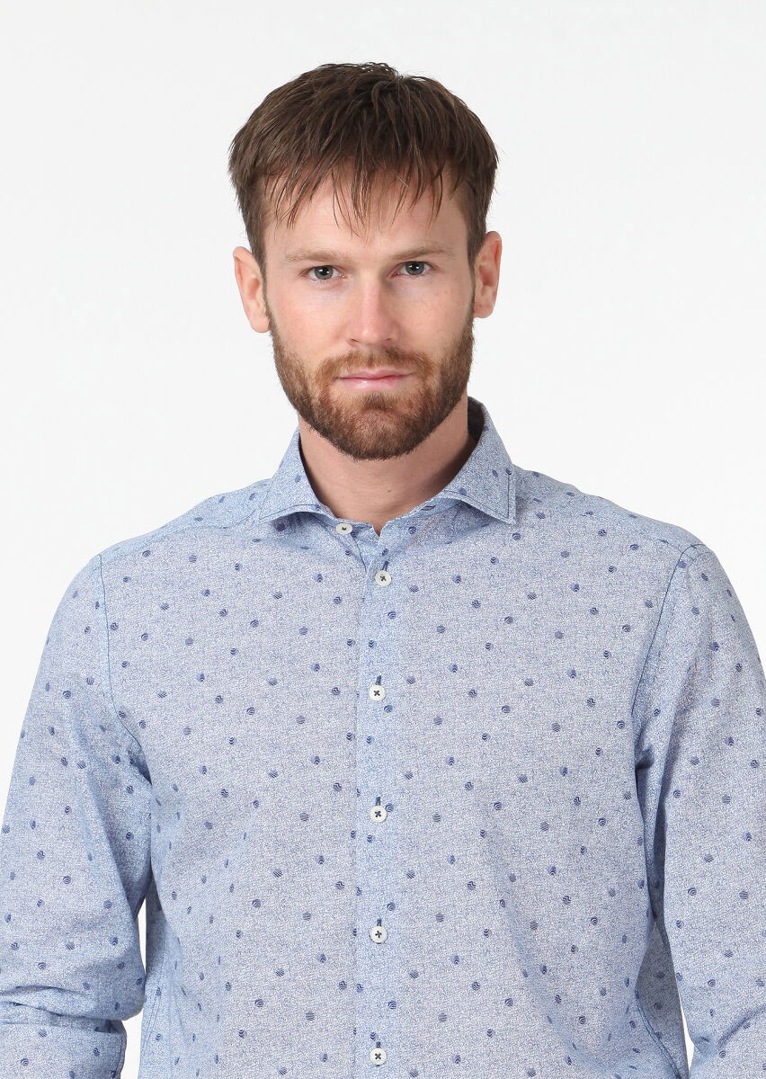 Lacivert Baskılı Regular Fit Dokuma Casual %100 Pamuk Gömlek - 3