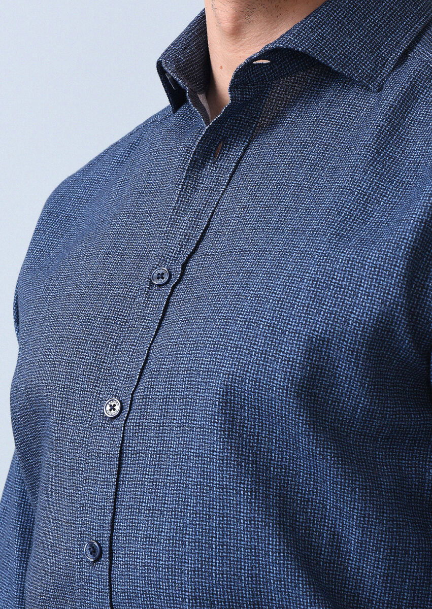 Lacivert Baskılı Regular Fit Dokuma Casual %100 Pamuk Gömlek - 4
