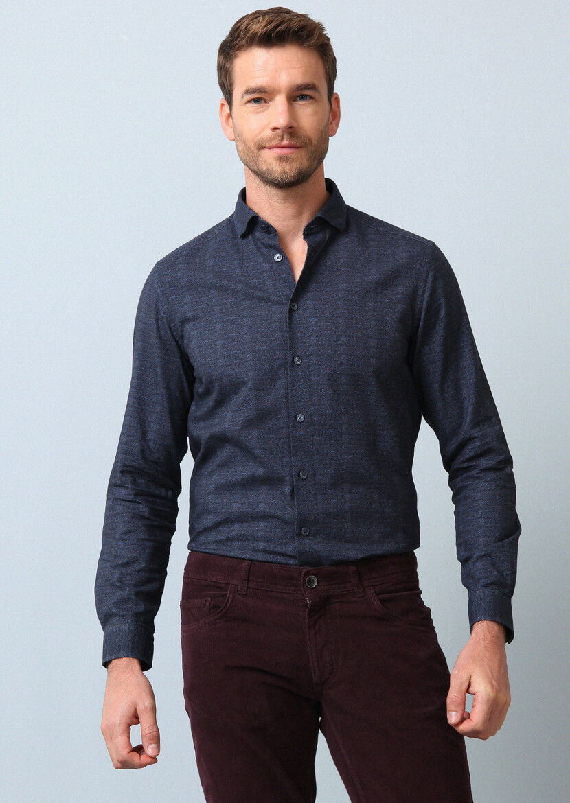 Lacivert Baskılı Regular Fit Dokuma Casual %100 Pamuk Gömlek - 1
