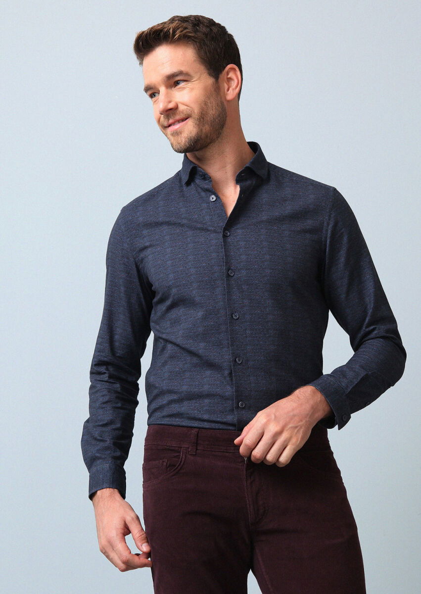 Lacivert Baskılı Regular Fit Dokuma Casual %100 Pamuk Gömlek - 2