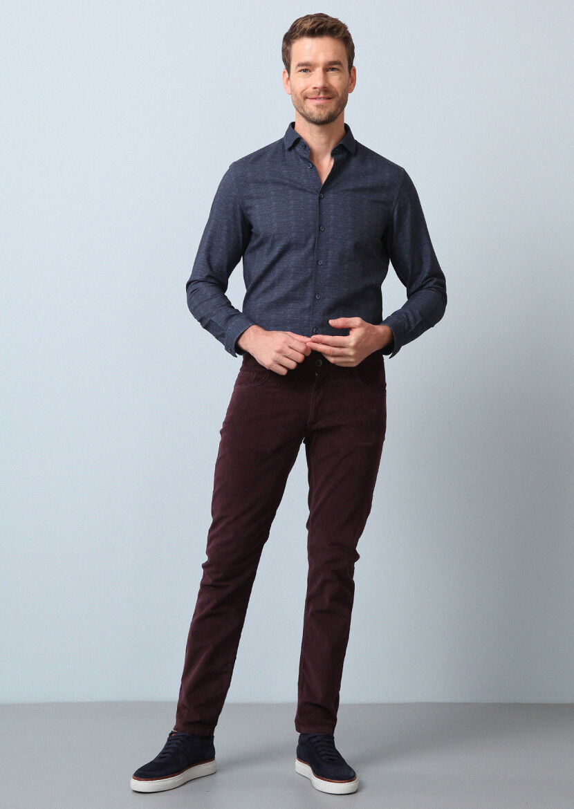 Lacivert Baskılı Regular Fit Dokuma Casual %100 Pamuk Gömlek - 3