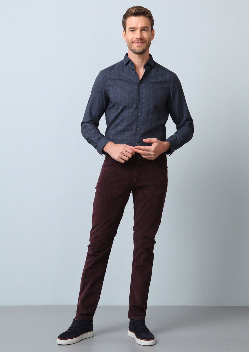 Lacivert Baskılı Regular Fit Dokuma Casual %100 Pamuk Gömlek - 3
