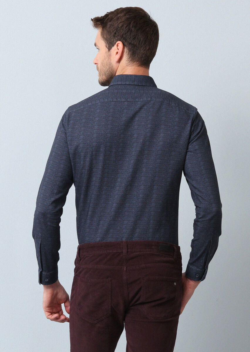 Lacivert Baskılı Regular Fit Dokuma Casual %100 Pamuk Gömlek - 5