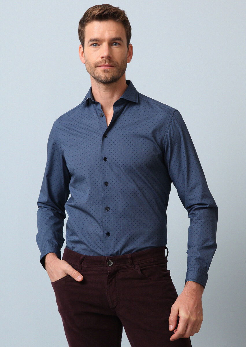 Lacivert Baskılı Regular Fit Dokuma Casual %100 Pamuk Gömlek - 1