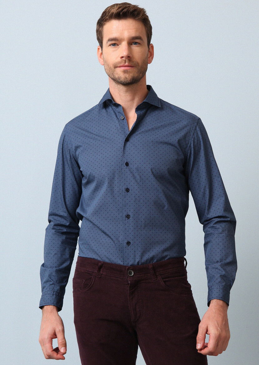 Lacivert Baskılı Regular Fit Dokuma Casual %100 Pamuk Gömlek - 3