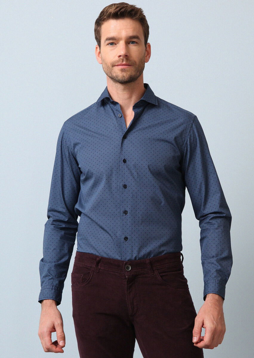 Lacivert Baskılı Regular Fit Dokuma Casual %100 Pamuk Gömlek - 3