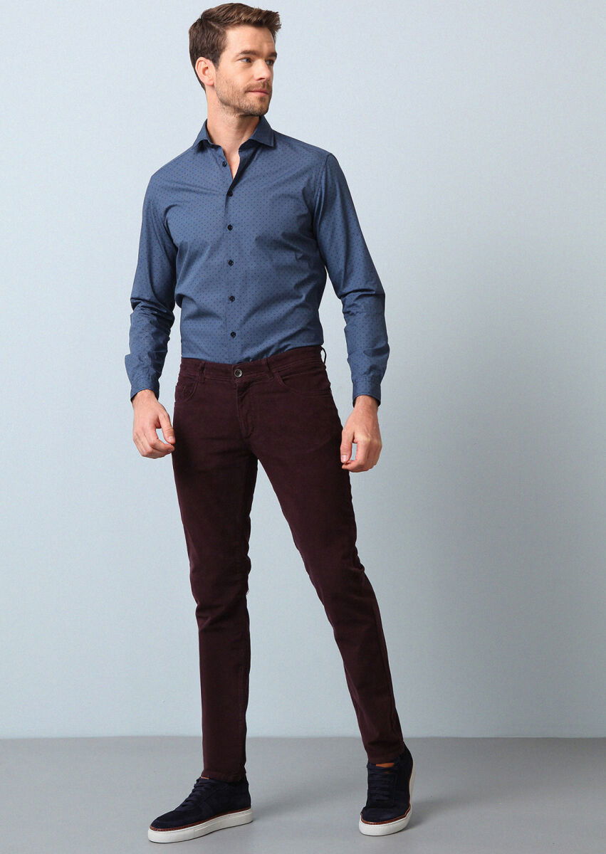 Lacivert Baskılı Regular Fit Dokuma Casual %100 Pamuk Gömlek - 4