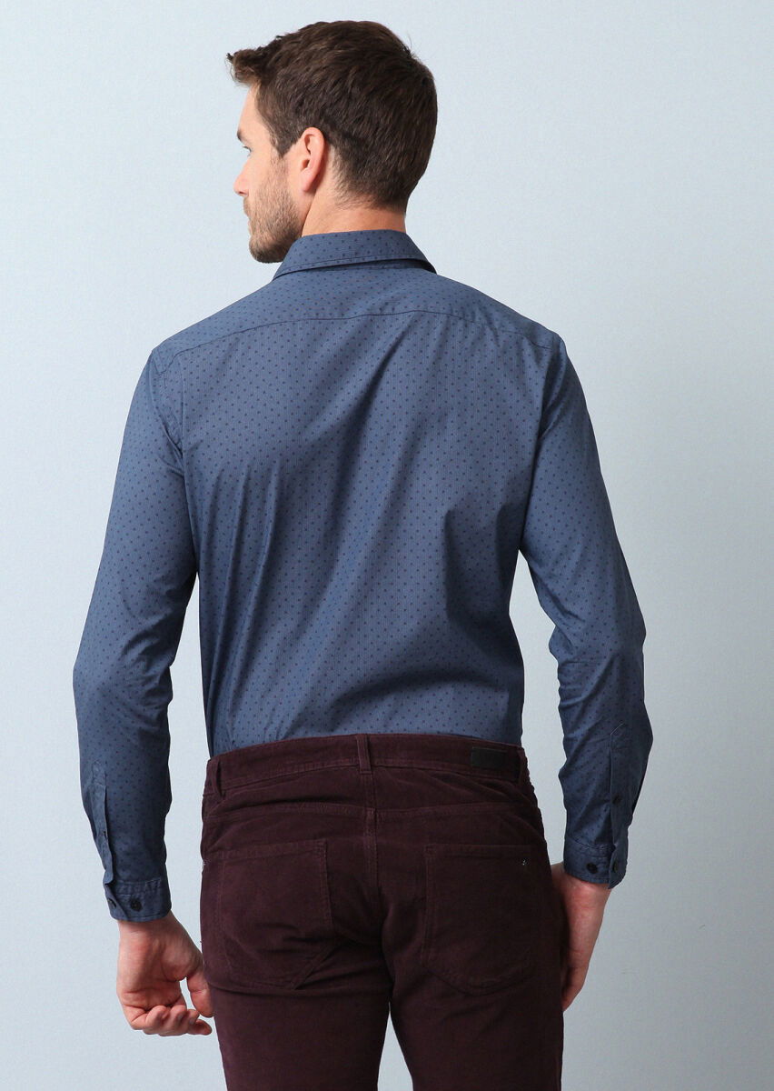 Lacivert Baskılı Regular Fit Dokuma Casual %100 Pamuk Gömlek - 5