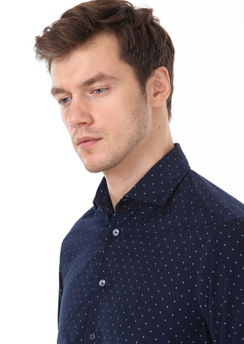 Lacivert Baskılı Regular Fit Dokuma Kadife Casual %100 Pamuk Gömlek - 2