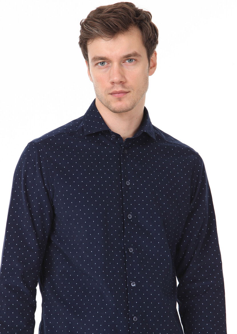 Lacivert Baskılı Regular Fit Dokuma Kadife Casual %100 Pamuk Gömlek - 3
