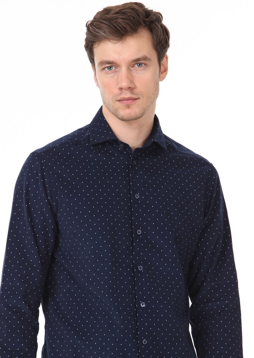 Lacivert Baskılı Regular Fit Dokuma Kadife Casual %100 Pamuk Gömlek - 3
