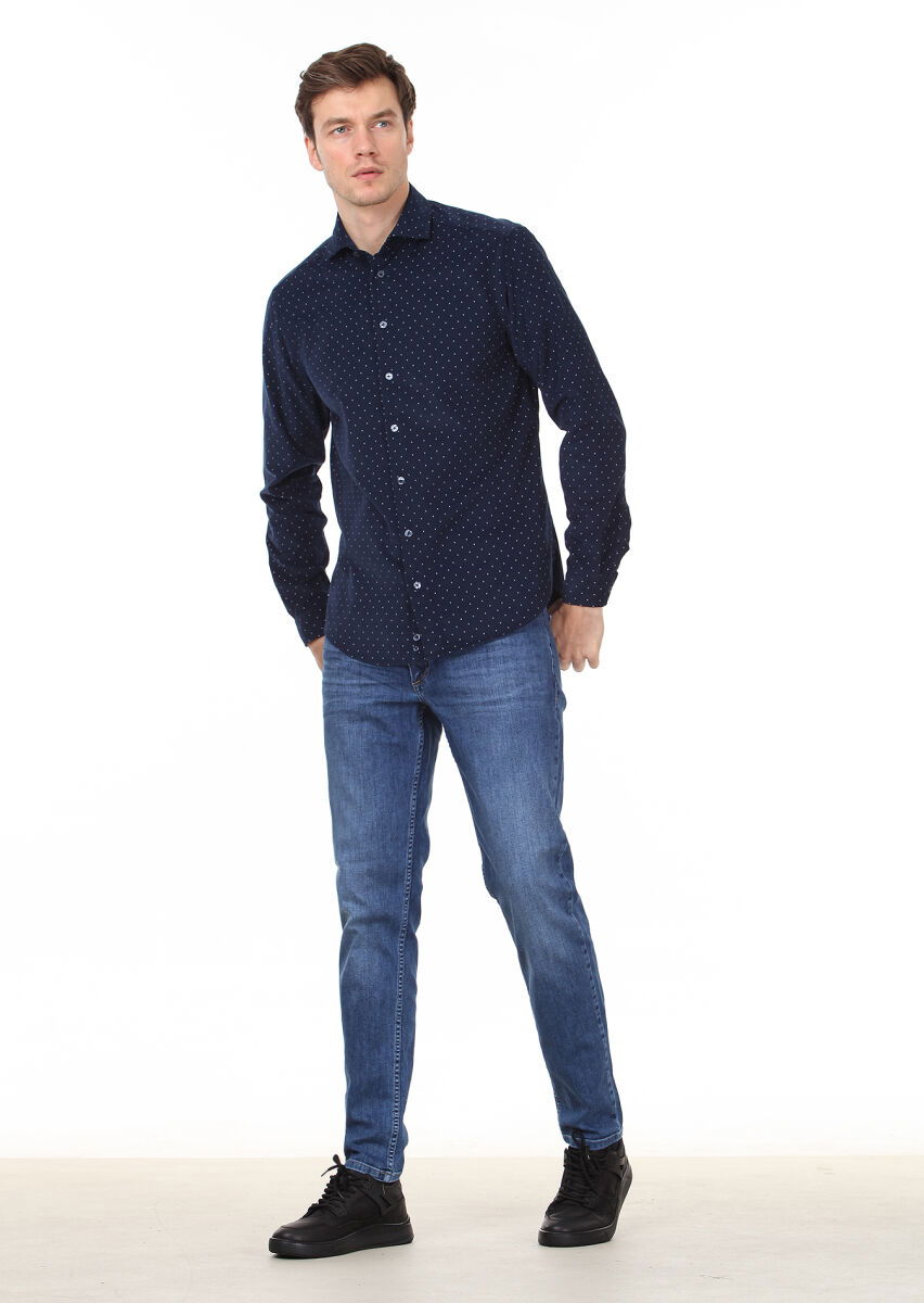 Lacivert Baskılı Regular Fit Dokuma Kadife Casual %100 Pamuk Gömlek - 4