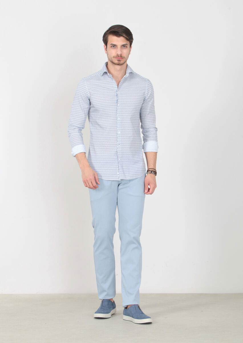 Lacivert Baskılı Slim Fit Dokuma Casual %100 Pamuk Gömlek - 1