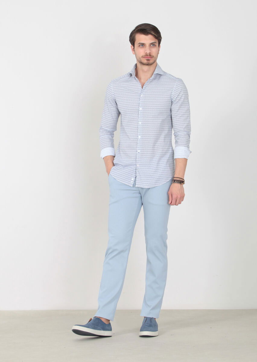 Lacivert Baskılı Slim Fit Dokuma Casual %100 Pamuk Gömlek - 2