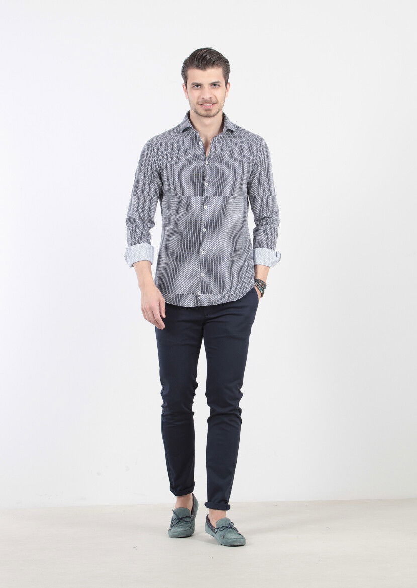 Lacivert Baskılı Slim Fit Dokuma Casual %100 Pamuk Gömlek - 1