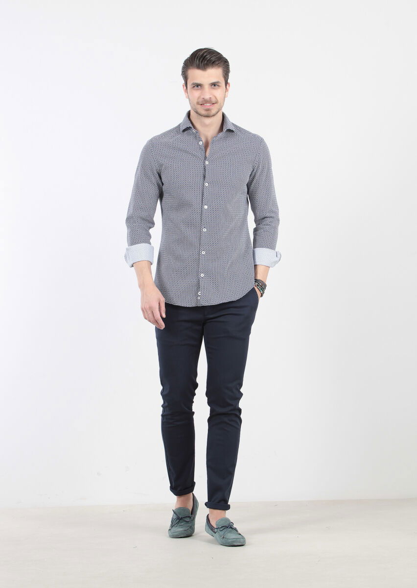Lacivert Baskılı Slim Fit Dokuma Casual %100 Pamuk Gömlek - 1
