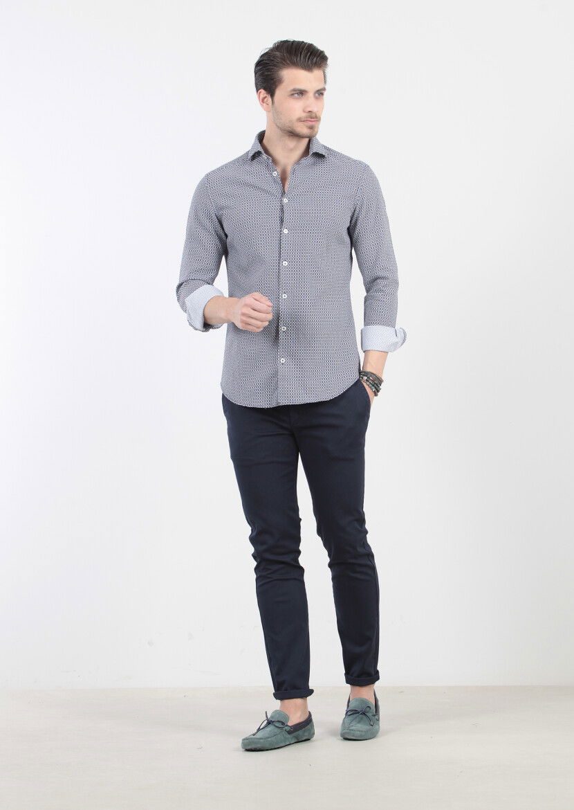 Lacivert Baskılı Slim Fit Dokuma Casual %100 Pamuk Gömlek - 2