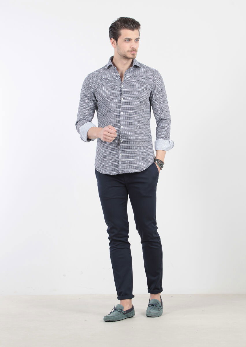 Lacivert Baskılı Slim Fit Dokuma Casual %100 Pamuk Gömlek - 2