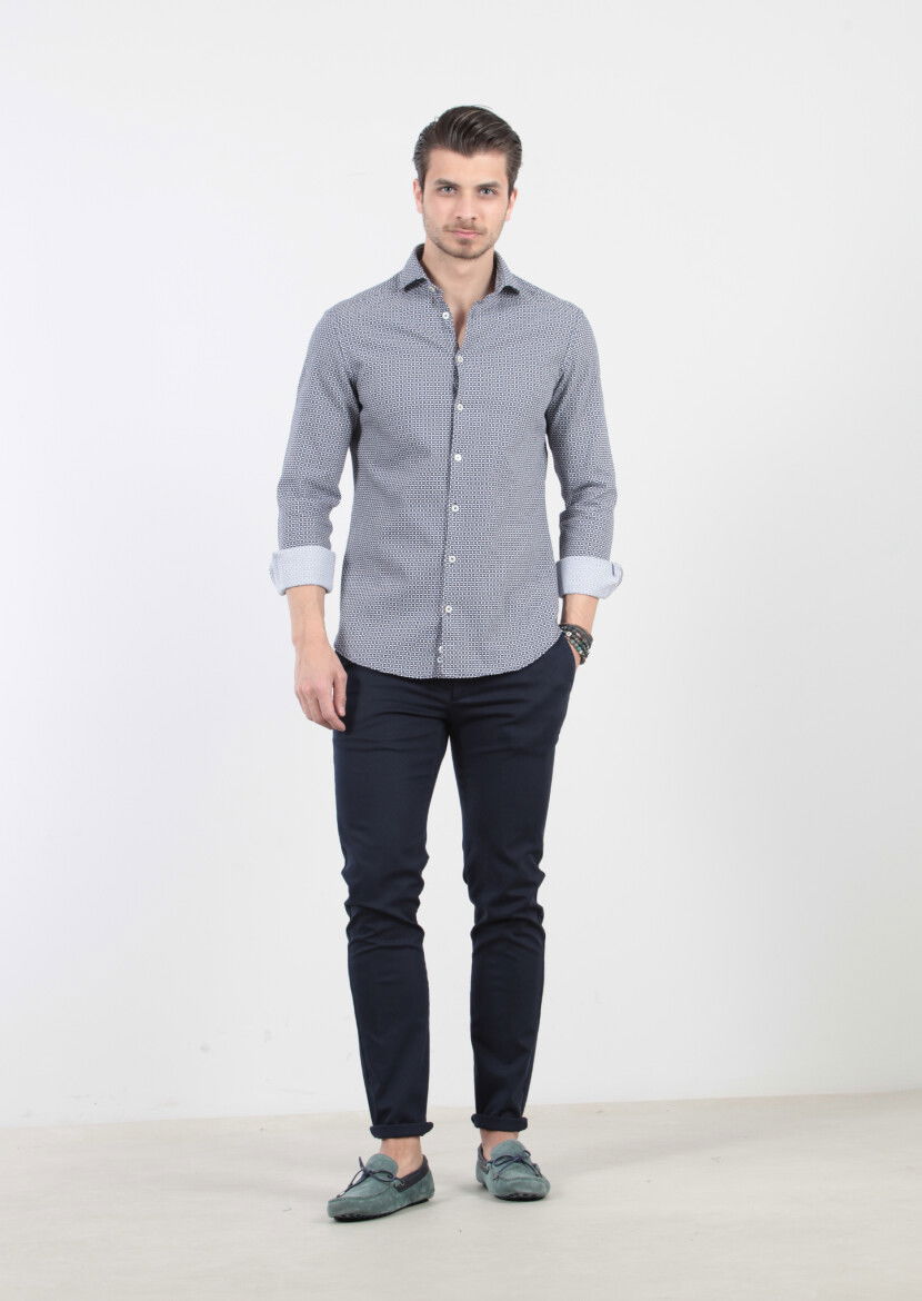 Lacivert Baskılı Slim Fit Dokuma Casual %100 Pamuk Gömlek - 3