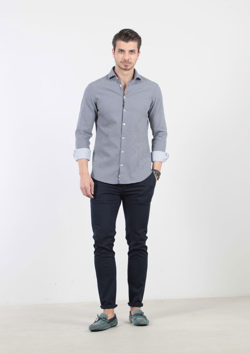 Lacivert Baskılı Slim Fit Dokuma Casual %100 Pamuk Gömlek - 3